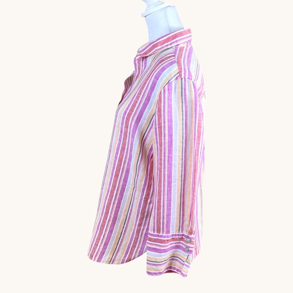 Chico’s Linen Shirt Stripe Button Down Pink Yellow (8) - Picture 2 of 8